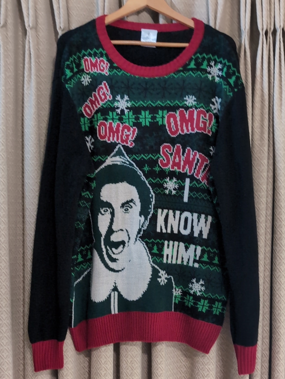 Men's Size 2X Will Ferrell Elf Buddy OMG Santa I Know Him Ugly Christmas Holiday